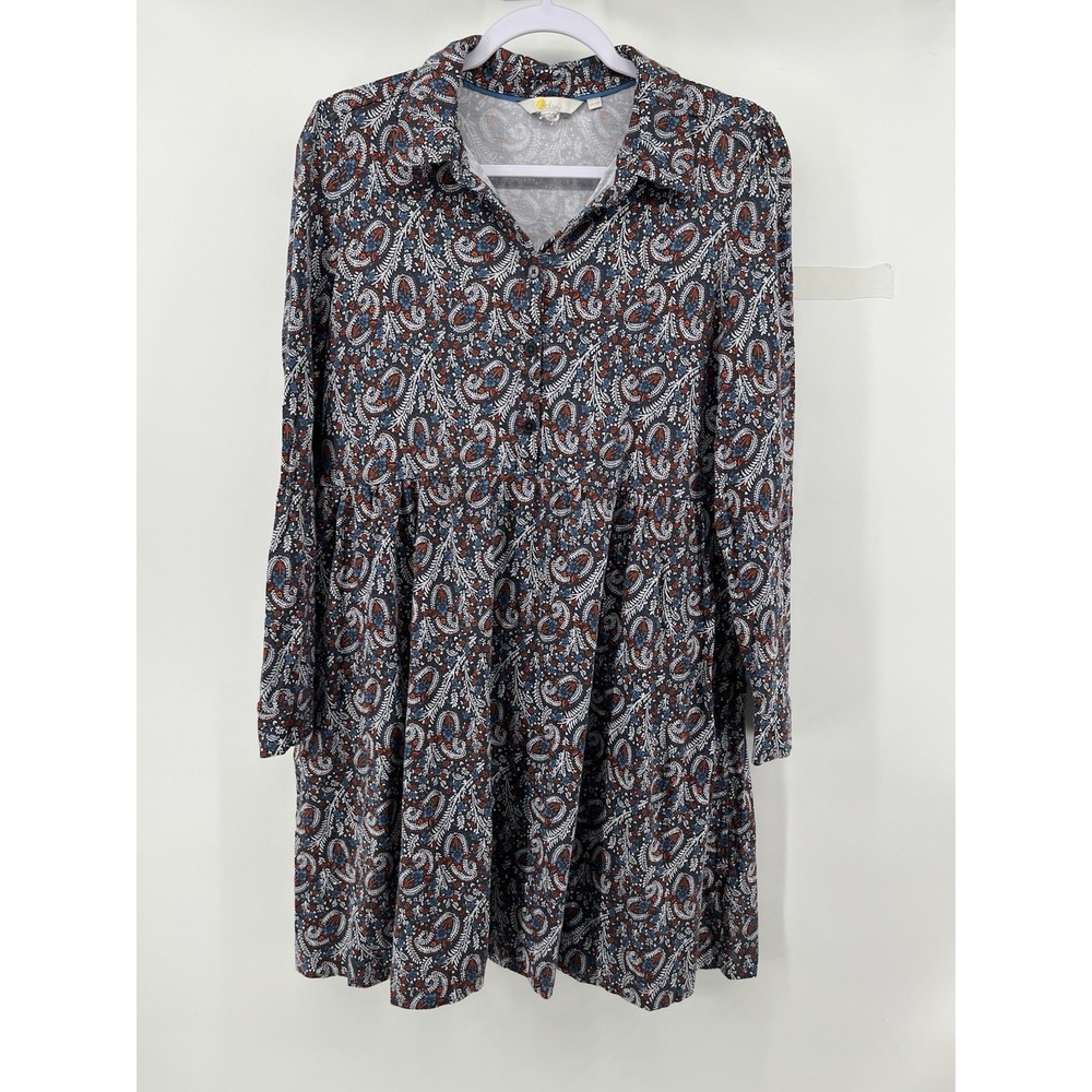 Boden Alma Paisley Shirt Dress Women Size 10 R Blue Red White Jersey Long Sleeve